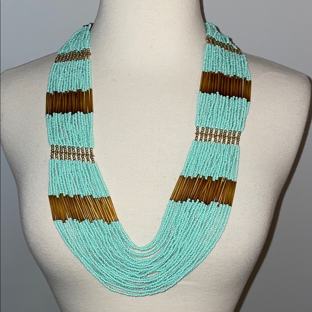 Turquoise and Gold Seed Bead Necklace